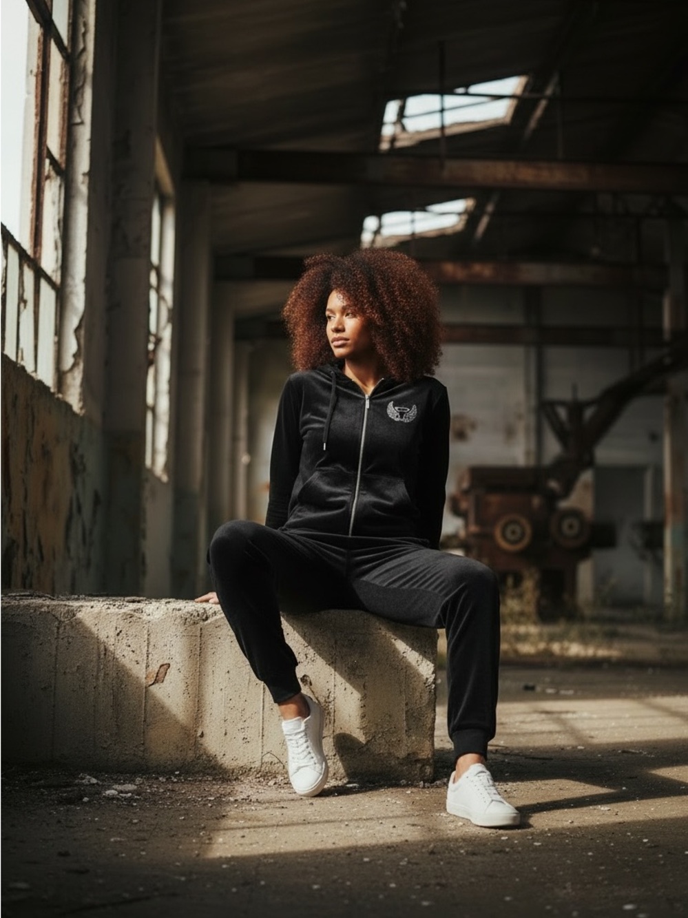 No Boundaries Black Velvet Zip-Front Track Jumpsuit